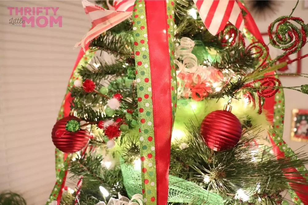 multi-colored ribbon for length on the tree